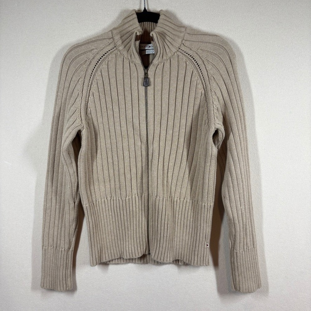 Vtg Tommy Hilfiger Womens Y2K Preppy‎ Rib Full Zip Cotton Sweater Lg Tan Acadmia